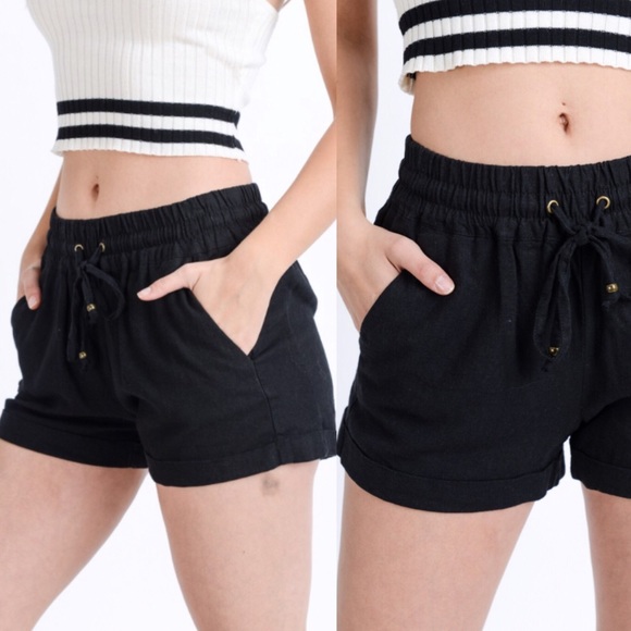 Black Linen Drawstring Stretch Waistband Shorts! - Picture 3 of 9
